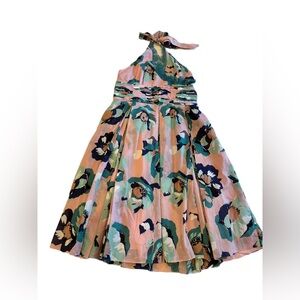 Catherine Malandrino Pink and Green Floral Lace Cotton Halter Dress Size 6